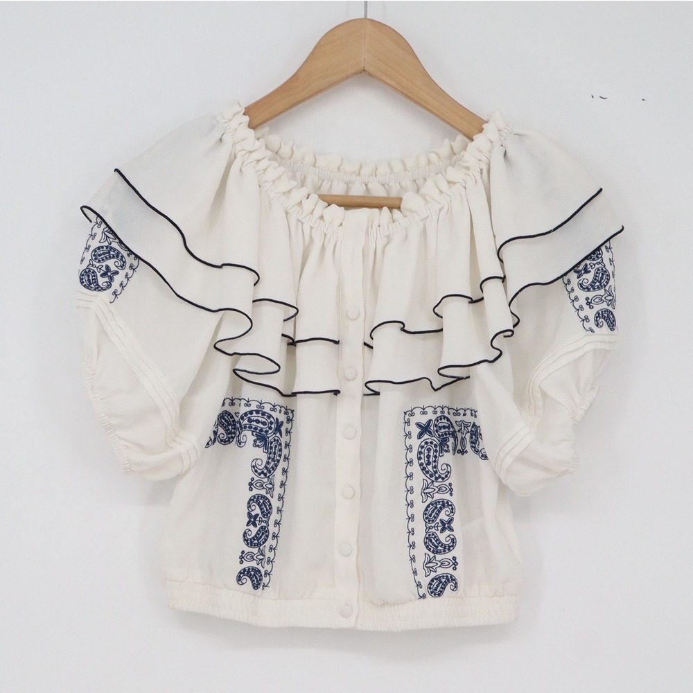 HERAPLUS Blouse Womens 0 Boho Ruffle Off-Shoulder White Blue Paisley Excellent